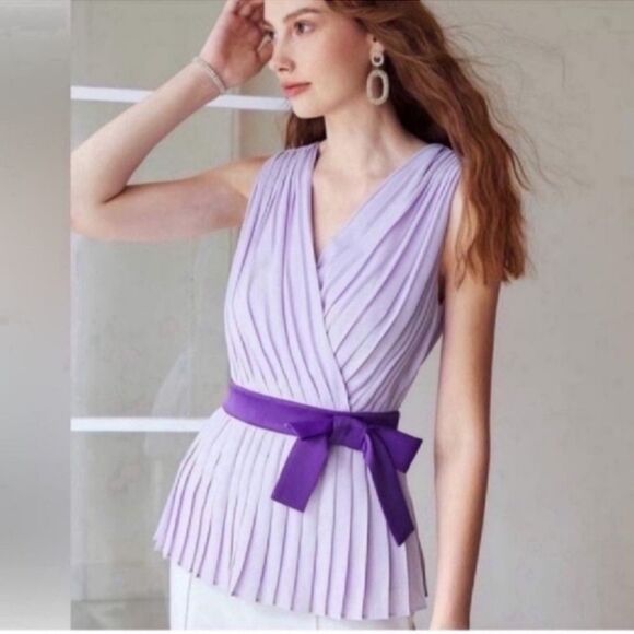 NWT Elegant  BELTED PLEATED BLOUSE - Picture 1 of 7